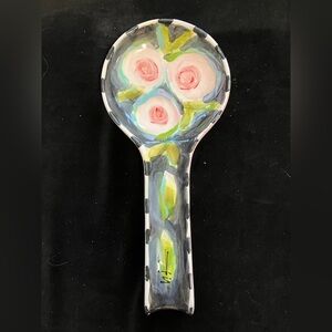Peonies On Black Ceramic Hand painted Spoon Rest “11”x5”